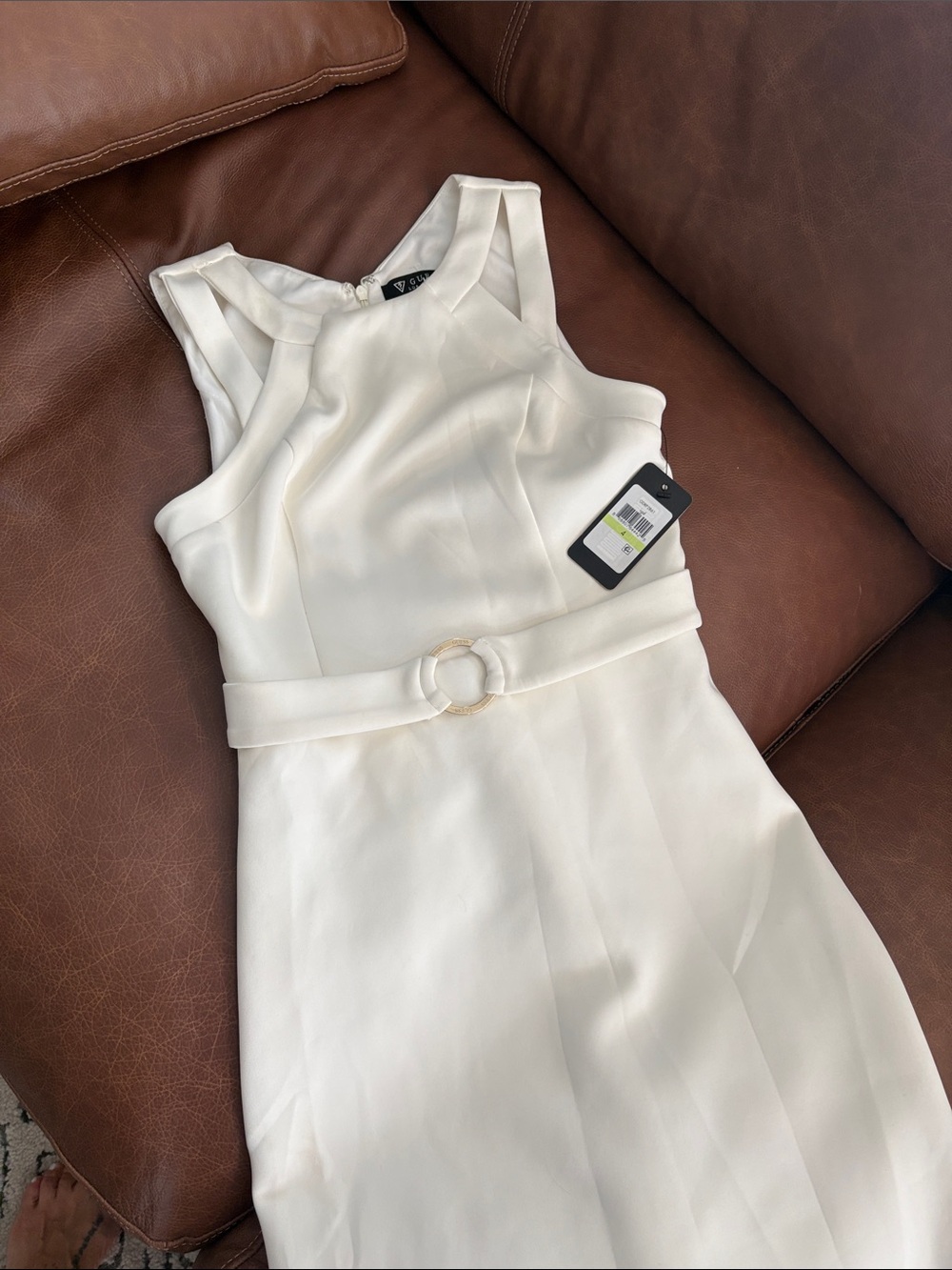 Guess Cream Midi Dress with Belted Ring Detail
